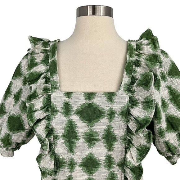 Sezane Ezecquiel Blouse Green Ikat Size EU 34 Ruffles 1/2 Sleeve Buttons Womens - Picture 2 of 11